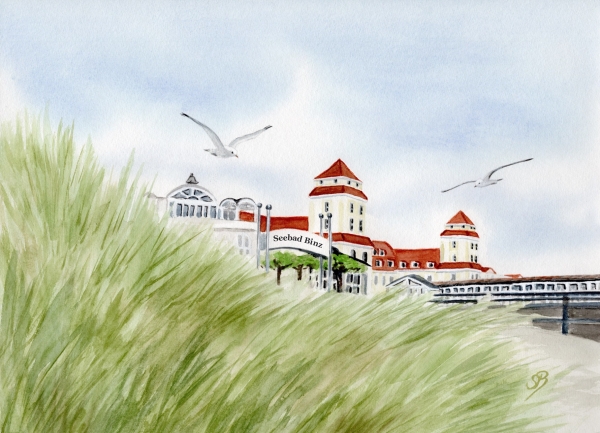 Postkarte DIN-A5 Aquarell Maritim Kunst Druck Kunstdruck Ostsee Rügen Binz1 - Kurhaus Binz